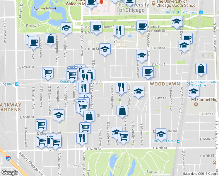 map of restaurants, bars, coffee shops, grocery stores, and more near 6331 South Ingleside Avenue in Chicago