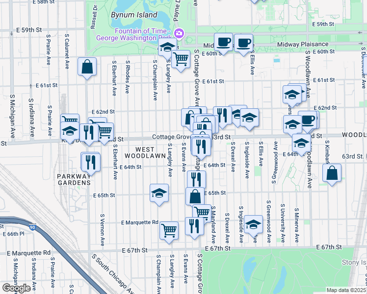 map of restaurants, bars, coffee shops, grocery stores, and more near 6324 South Evans Avenue in Chicago