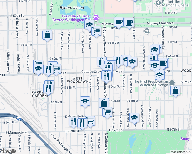 map of restaurants, bars, coffee shops, grocery stores, and more near 6324 South Evans Avenue in Chicago