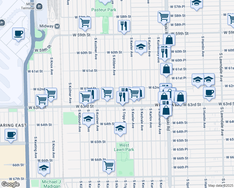 map of restaurants, bars, coffee shops, grocery stores, and more near 6228 South Kildare Avenue in Chicago