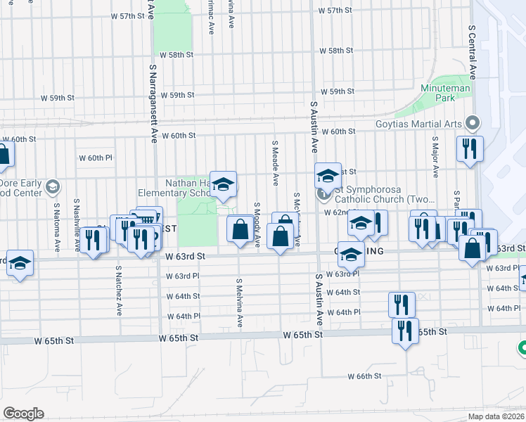 map of restaurants, bars, coffee shops, grocery stores, and more near 6200 South Moody Avenue in Chicago