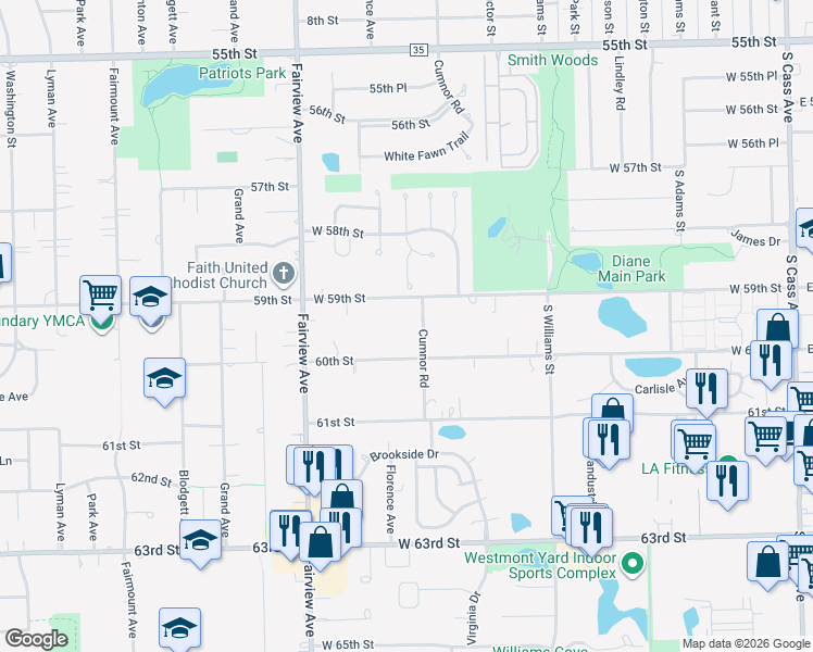 map of restaurants, bars, coffee shops, grocery stores, and more near 5920 Cumnor Road in Downers Grove