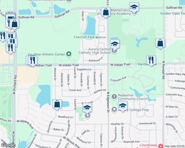 map of restaurants, bars, coffee shops, grocery stores, and more near 1110 Emerald Drive in Aurora