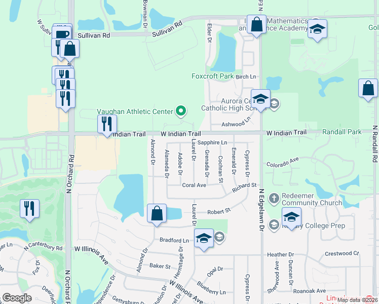 map of restaurants, bars, coffee shops, grocery stores, and more near 1121 Laurel Drive in Aurora