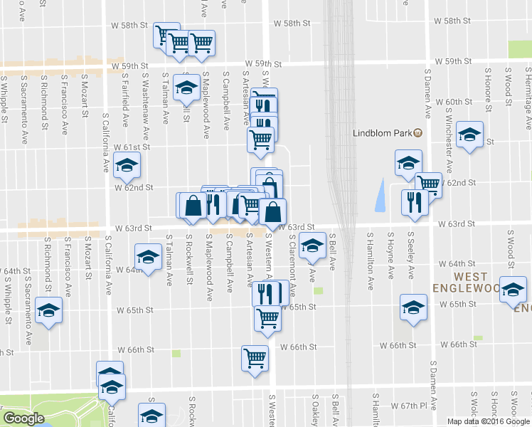 map of restaurants, bars, coffee shops, grocery stores, and more near 6242 S Western Ave in Chicago