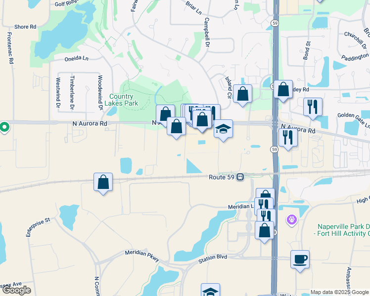 map of restaurants, bars, coffee shops, grocery stores, and more near Weston Ridge Drive in Naperville