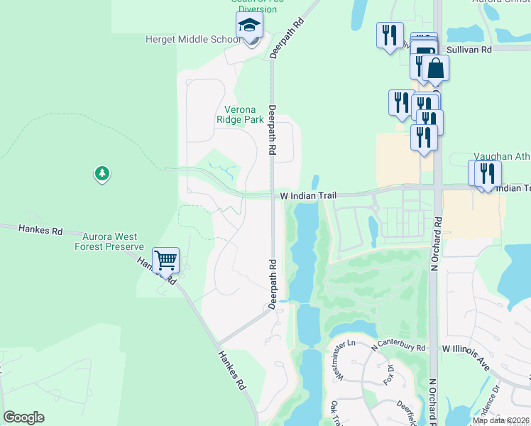 map of restaurants, bars, coffee shops, grocery stores, and more near 1130 Deerpath Road in Aurora