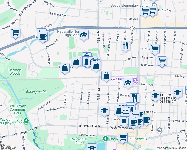 map of restaurants, bars, coffee shops, grocery stores, and more near 450 West 5th Avenue in Naperville