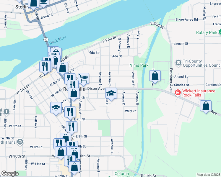 map of restaurants, bars, coffee shops, grocery stores, and more near 504 Dixon Avenue in Rock Falls