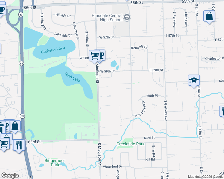 map of restaurants, bars, coffee shops, grocery stores, and more near 7 Andrew Court in Burr Ridge