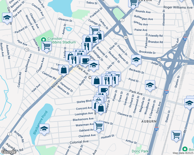 map of restaurants, bars, coffee shops, grocery stores, and more near in Cranston