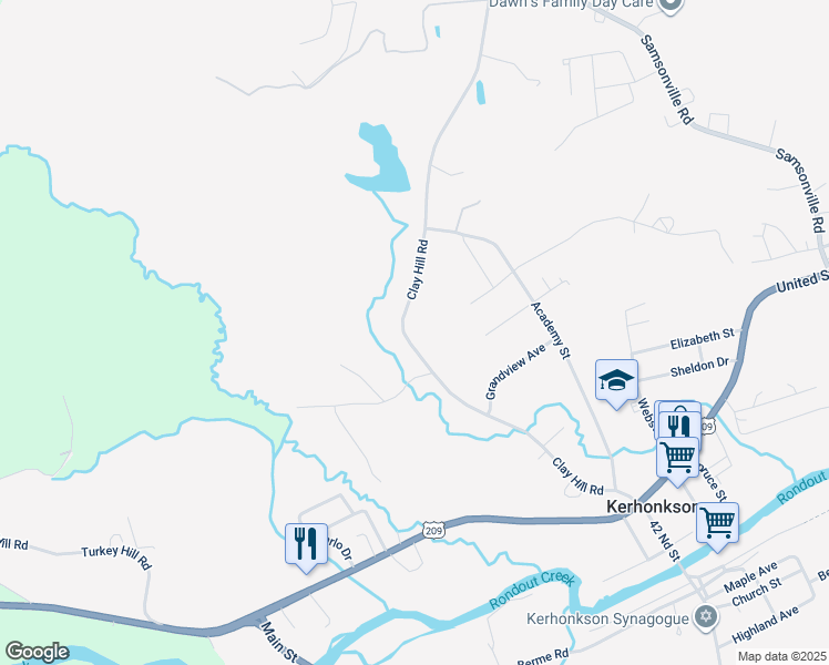 map of restaurants, bars, coffee shops, grocery stores, and more near 146 Clay Hill Road in Kerhonkson