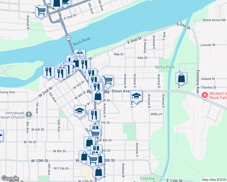 map of restaurants, bars, coffee shops, grocery stores, and more near 302 Dixon Avenue in Rock Falls
