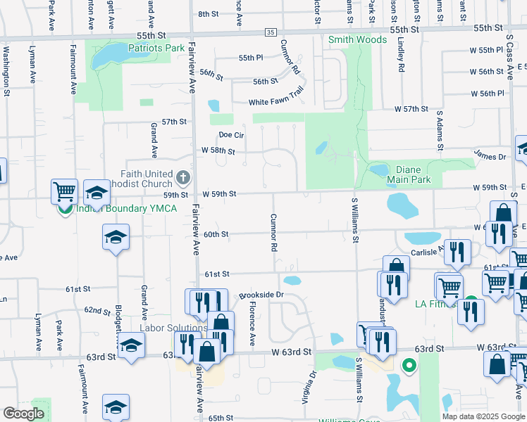 map of restaurants, bars, coffee shops, grocery stores, and more near 5920 Cumnor Road in Downers Grove