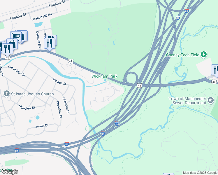 map of restaurants, bars, coffee shops, grocery stores, and more near 173 Downey Drive in Manchester