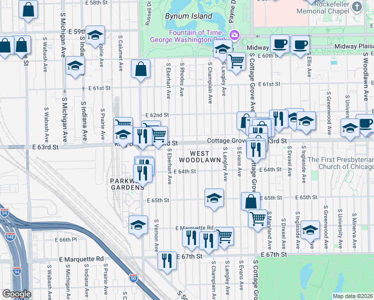 map of restaurants, bars, coffee shops, grocery stores, and more near 6325 South Rhodes Avenue in Chicago
