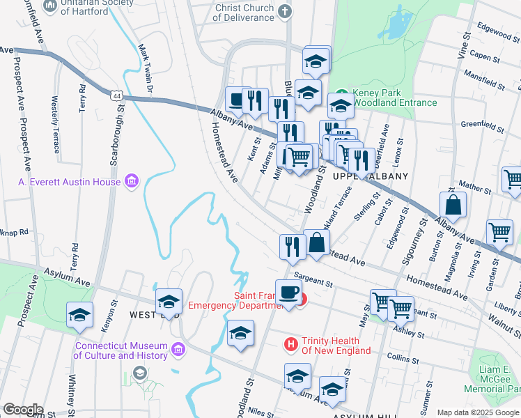 map of restaurants, bars, coffee shops, grocery stores, and more near in Hartford