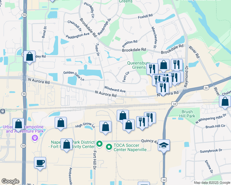 map of restaurants, bars, coffee shops, grocery stores, and more near 1738 Windward Avenue in Naperville