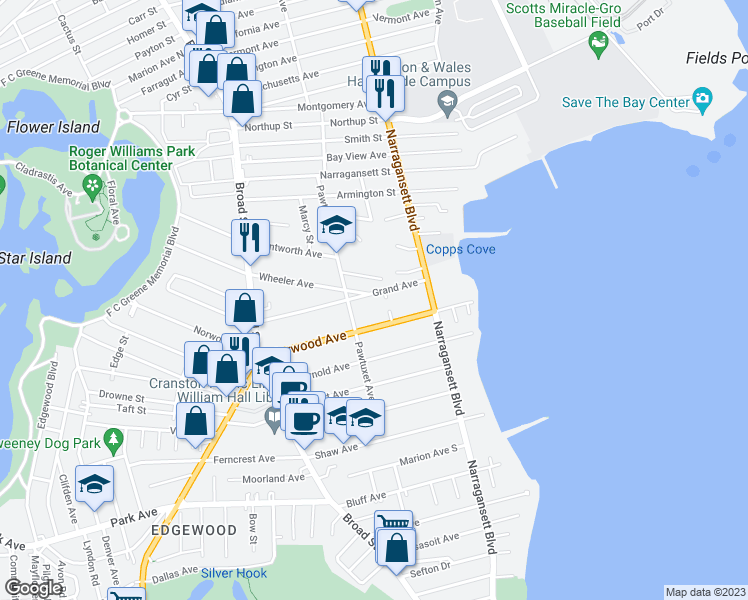 map of restaurants, bars, coffee shops, grocery stores, and more near 120 Grand Avenue in Cranston