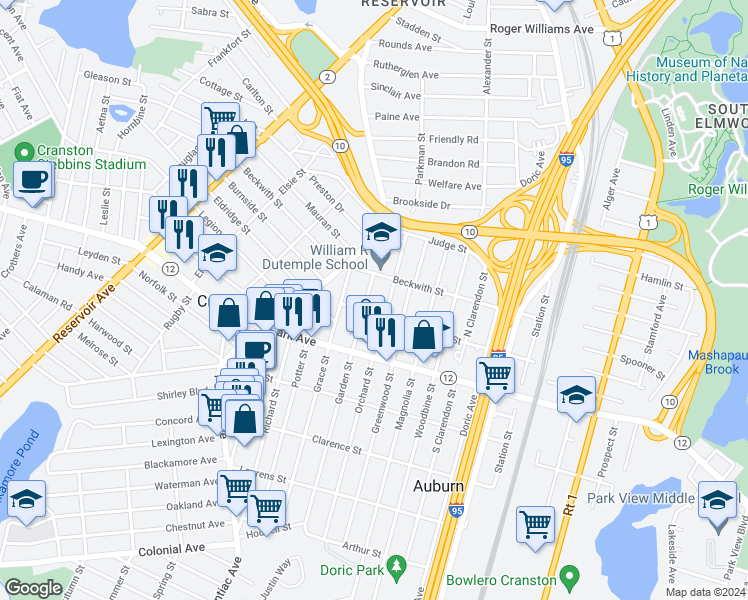 map of restaurants, bars, coffee shops, grocery stores, and more near 82 Garden Street in Cranston