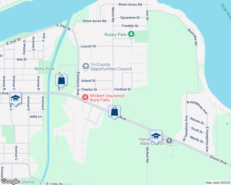 map of restaurants, bars, coffee shops, grocery stores, and more near 439 Martin Road in Rock Falls