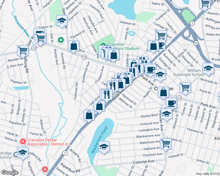 map of restaurants, bars, coffee shops, grocery stores, and more near 11 Griswold Avenue in Cranston
