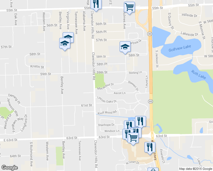 map of restaurants, bars, coffee shops, grocery stores, and more near 154 Macarthur Drive in Willowbrook