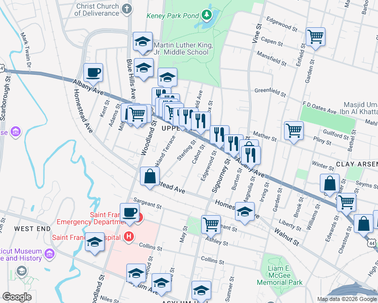 map of restaurants, bars, coffee shops, grocery stores, and more near 78 Sterling Street in Hartford