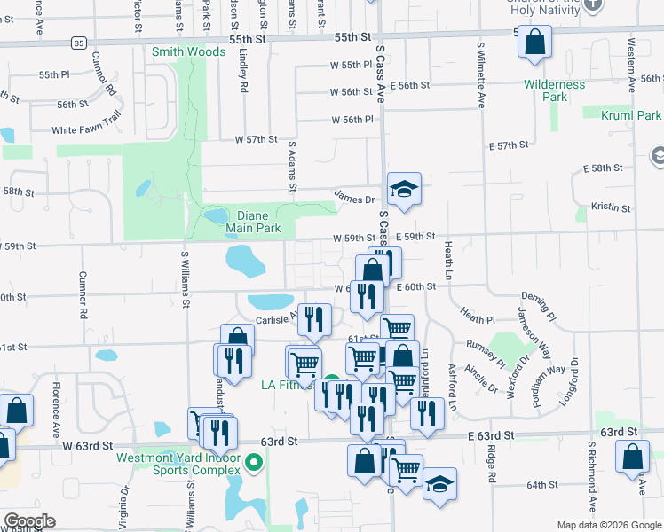map of restaurants, bars, coffee shops, grocery stores, and more near One Fountainhead Drive in Westmont