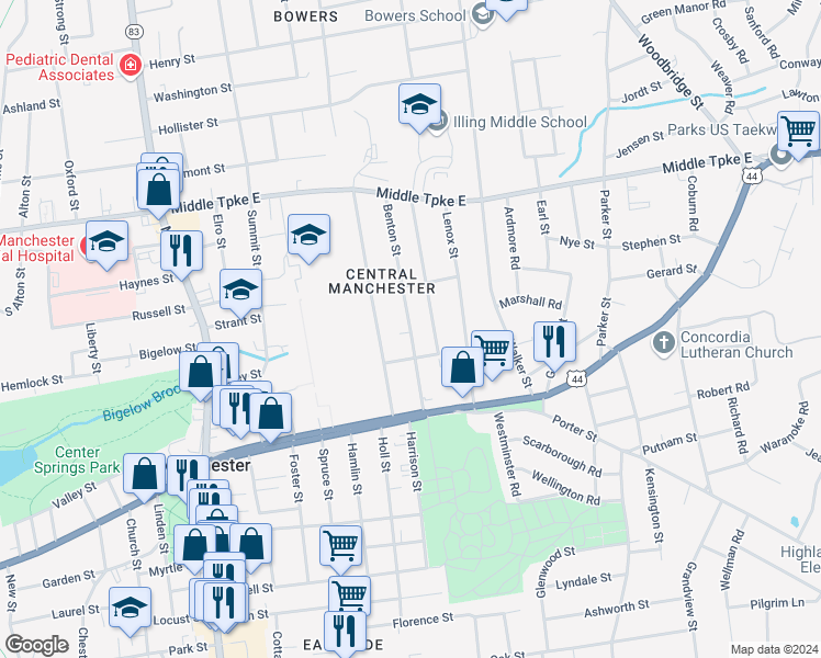 map of restaurants, bars, coffee shops, grocery stores, and more near 67 Benton Street in Manchester