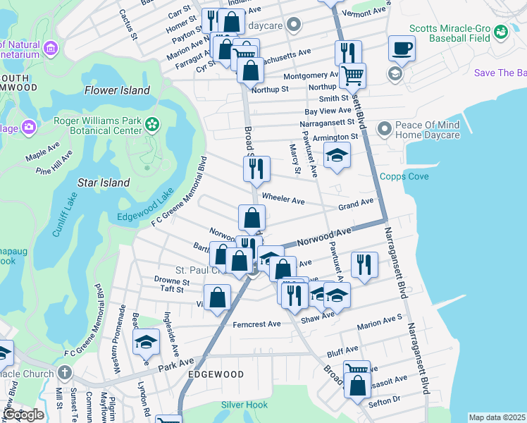 map of restaurants, bars, coffee shops, grocery stores, and more near 1720 Broad Street in Cranston
