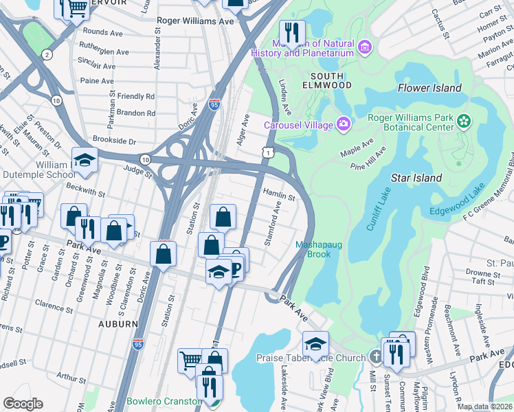 map of restaurants, bars, coffee shops, grocery stores, and more near 25 Thurston Street in Providence