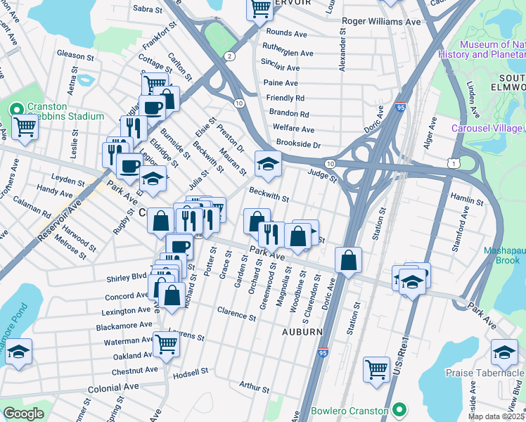 map of restaurants, bars, coffee shops, grocery stores, and more near 82 Garden Street in Cranston