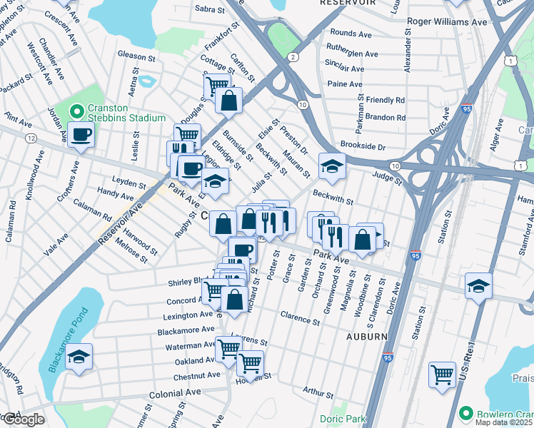 map of restaurants, bars, coffee shops, grocery stores, and more near 296 Pontiac Avenue in Cranston