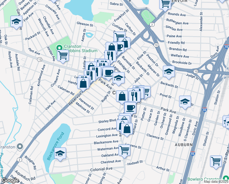 map of restaurants, bars, coffee shops, grocery stores, and more near 66 Norfolk Street in Cranston