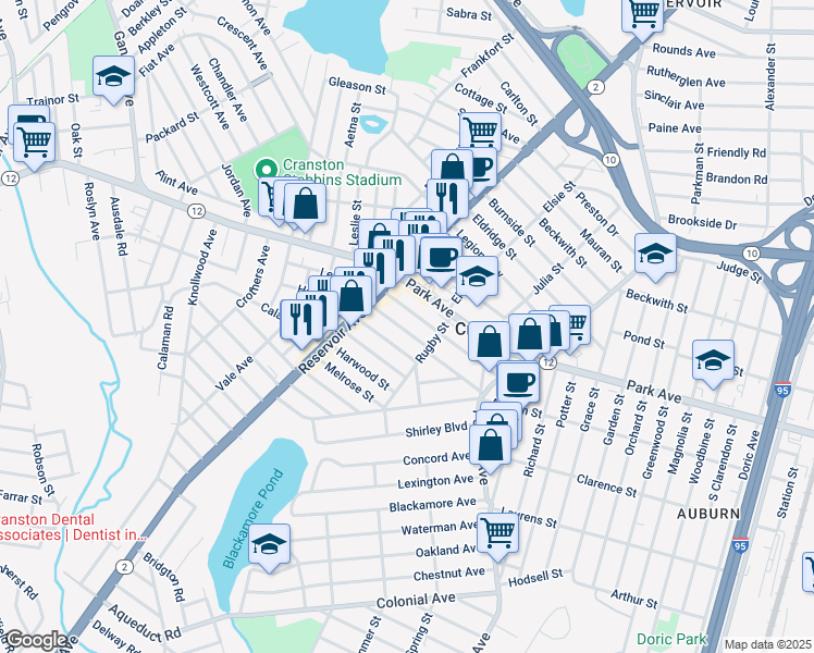 map of restaurants, bars, coffee shops, grocery stores, and more near 88 Wollaston Street in Cranston