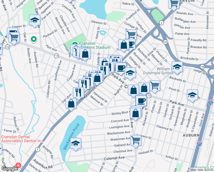 map of restaurants, bars, coffee shops, grocery stores, and more near 60 Essex Street in Cranston