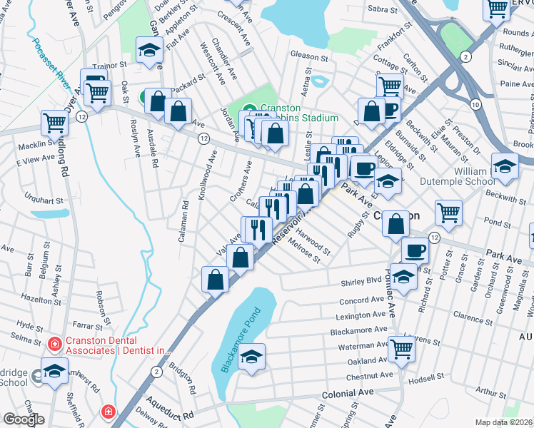 map of restaurants, bars, coffee shops, grocery stores, and more near 11 Griswold Avenue in Cranston