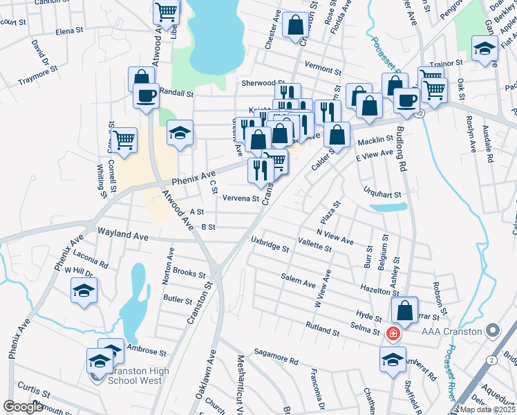 map of restaurants, bars, coffee shops, grocery stores, and more near 1821 Cranston Street in Cranston