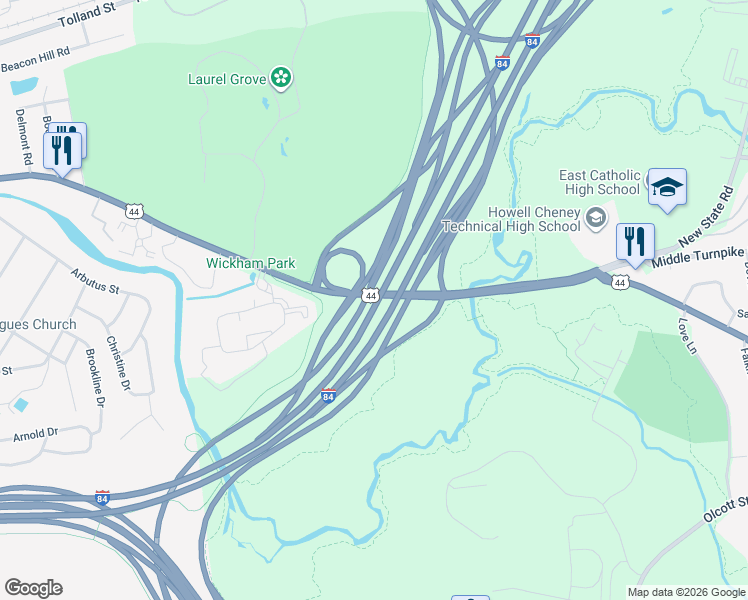 map of restaurants, bars, coffee shops, grocery stores, and more near 978C Middle Turnpike West in Manchester
