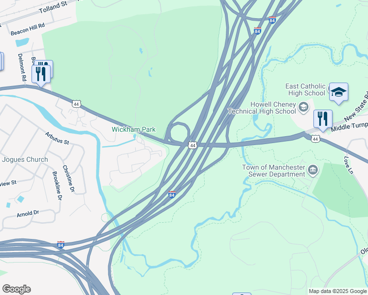 map of restaurants, bars, coffee shops, grocery stores, and more near 978C Middle Turnpike West in Manchester