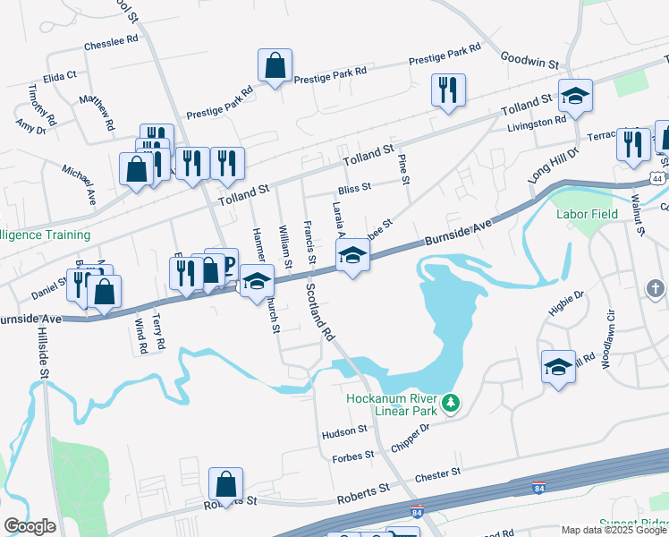 map of restaurants, bars, coffee shops, grocery stores, and more near 763 Burnside Avenue in East Hartford