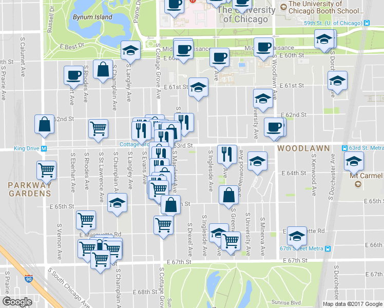 map of restaurants, bars, coffee shops, grocery stores, and more near 6330 South Drexel Avenue in Chicago