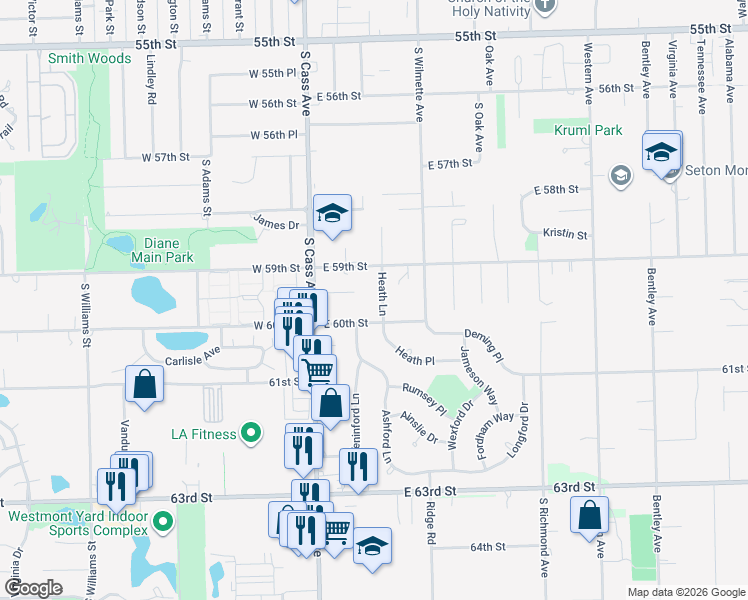 map of restaurants, bars, coffee shops, grocery stores, and more near 840 Heath Lane in Westmont