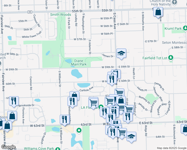 map of restaurants, bars, coffee shops, grocery stores, and more near 52 West 60th Street in Westmont
