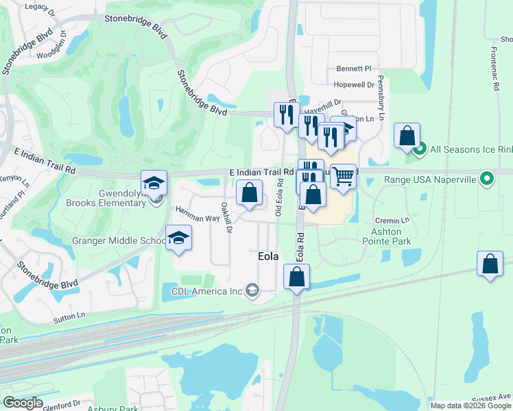 map of restaurants, bars, coffee shops, grocery stores, and more near 2978 Peachtree Circle in Aurora