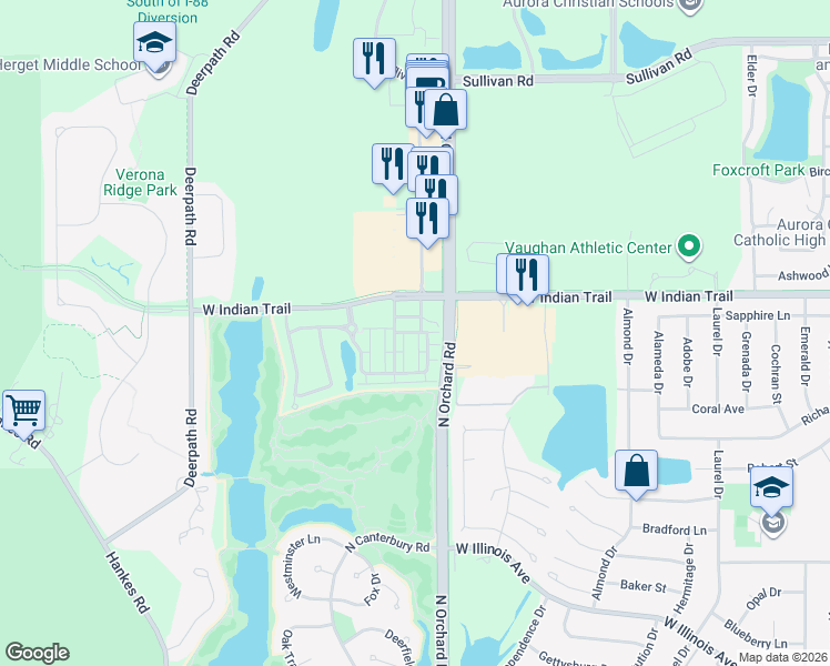 map of restaurants, bars, coffee shops, grocery stores, and more near 1115 Village Center Parkway in Aurora