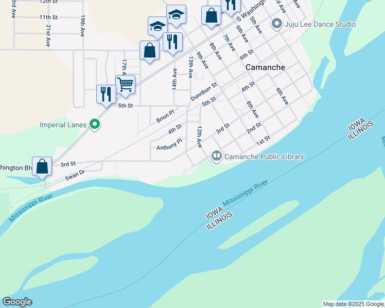 map of restaurants, bars, coffee shops, grocery stores, and more near 201-299 13th Avenue in Camanche