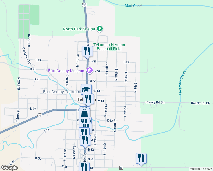 map of restaurants, bars, coffee shops, grocery stores, and more near 1016 N Street in Tekamah