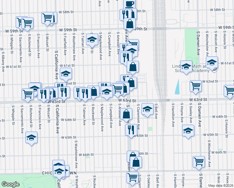 map of restaurants, bars, coffee shops, grocery stores, and more near 2442 West 63rd Street in Chicago